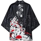 Women's 3/4 Sleeve Japanese Shawl Print Kimono Cardigan Tops Cover up Loose Anime Bathing Suit Cover