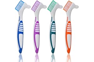 AWESOME INDUSTRIES Denture Brush Hard Double Sided Multi-Layered Bristles Ergonomic Rubber Anti-Slip Handle 4 Pack - Denture Toothbrush Retainers Cleaning Brush False Teeth Care Asst Colors