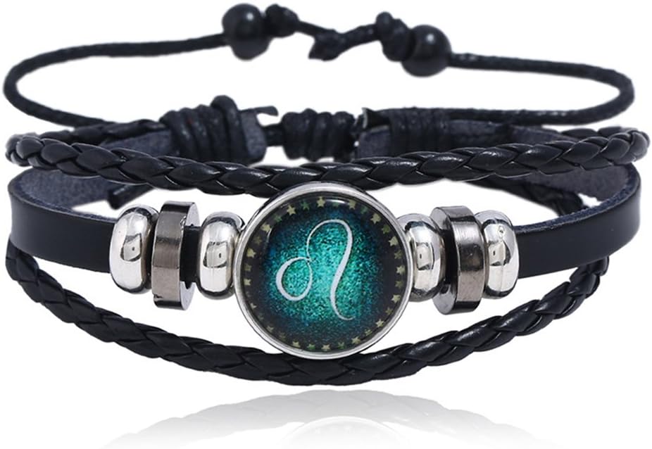 VEVICE 1PCS Retro Twelve Constellation Zodiac Sign Bracelet Braided Lmitation Leather Alloy Charm Bracelet Adjustable Multilayer Wristband Bangle Gifts for Men Women (Leo)
