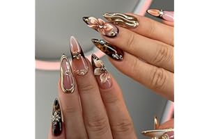 XZMeiLun Handmade 3D Flower Brown Press On Nails Medium Almond, 3D Floral Pearl Designer Reusable Acrylic Fake Nails, Stick On Glue On Nails, Nails Press Ons Daily Wear False Goth Nails For Women