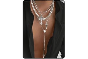 TMDSHS Silver Layered Cross Necklace Set For Women, 4Pcs Silver Chain Pearl Cross Choker Chunky Pendant Vintage Long Y Necklaces Statement Adjustable Jewelry Gift