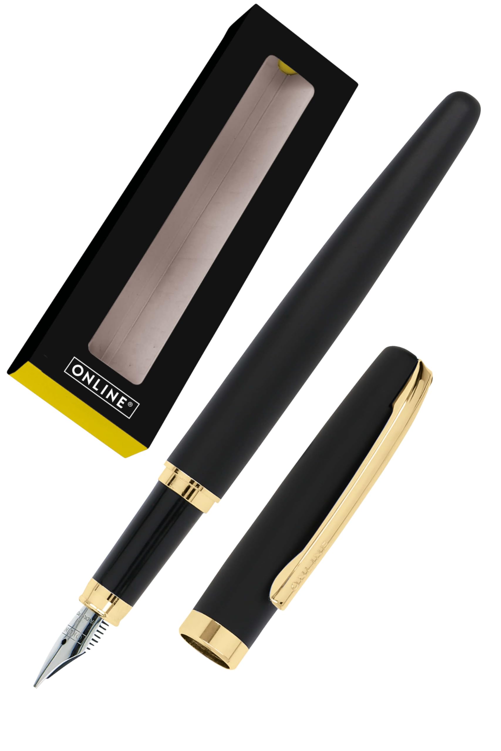 Online Eleganza Fountain Pen I Black & Fold I Nib Size M I Metal Clip I Includes Ink Cartridge I Fountain-Pen for Standard Ink Cartridges Or Converter I In Gift Box