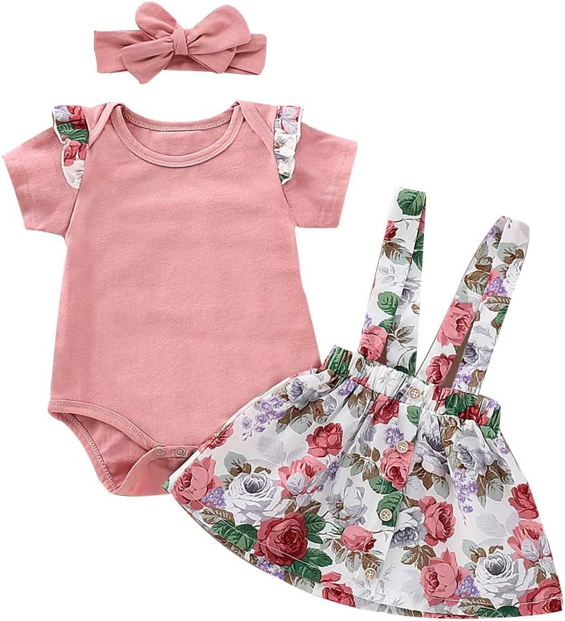 Newborn Baby Girl Clothes Summer Ruffle Short Sleeve Romper + Floral Skirt with Headband Infant Outfits
