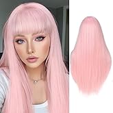 FANCEE Pastel Pink Wig with Bangs Long Straight Wig with Blunt Bangs for Women 26 Inch Synthetic Sakura Pink Wig with Layered Ends for Cosplay Halloween Party Daily Use
