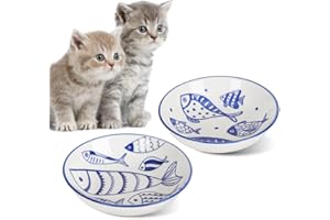 HAPPY KIT 2Pcs Wide Shallow Cat Bowls,8.5oz Colorful Plate Set with Non-Slip Mat,5.7 inch Indoor Ceramic Cats Dish/Dishes Relief of Whisker Fatigue - Microwave and Dishwasher Safe