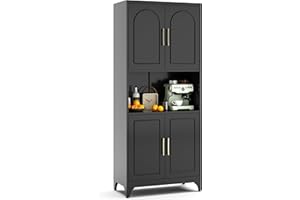 Kubohogar 75" Tall Kitchen Pantry Storage Cabinet, Metal Storage Cabinets with 4 Doors and Adjustable Shelves, Black Kitchen Hutch Cabinet with Microwave Stand, Large Cupboard for Dining Living Room