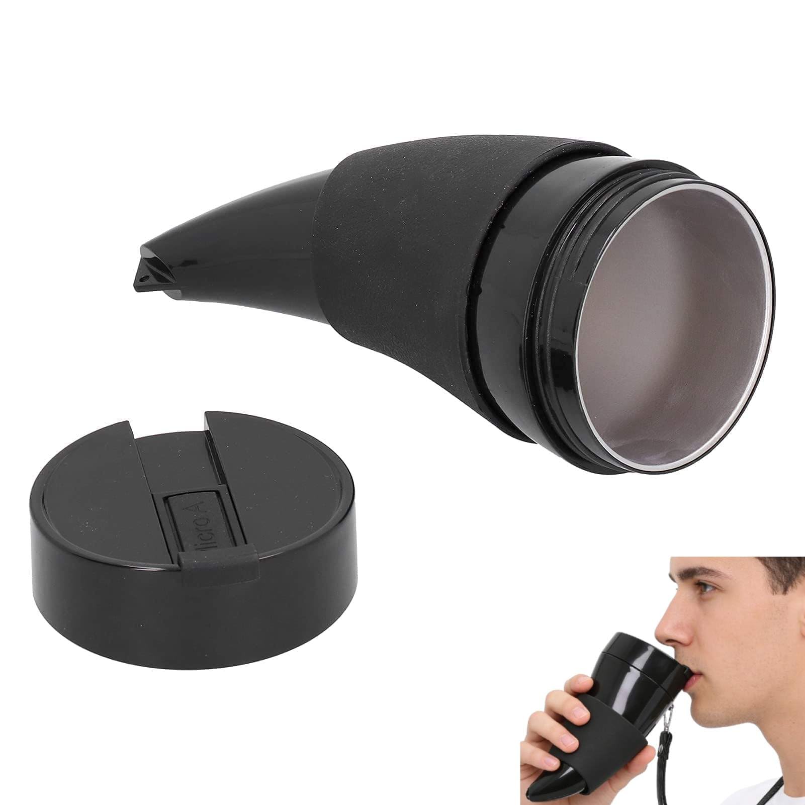 230ml Cup Goat Horn Coffee Mug, Travel Mug Coffee Cup Drinking Horn Goat Horns Stainless Steel Liner Vacuum Insulation Cup with Strap Water Bottle (Black)