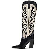 VOMIRA Cowboy Boots for Women Pointed Toe Chunky High Heels Butterfly Cowgirl Boots Wide Calf Knee High Boots Bridal Wedding Western Boots