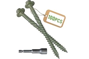 CAMNWAMN [Pack of 100] #14 x 4 Wood Structural Screws, Green Coated Heavy Duty Hex Head Timber/Log/Landscaping Wood Screws, Rust Resistant, Hex Socket Included