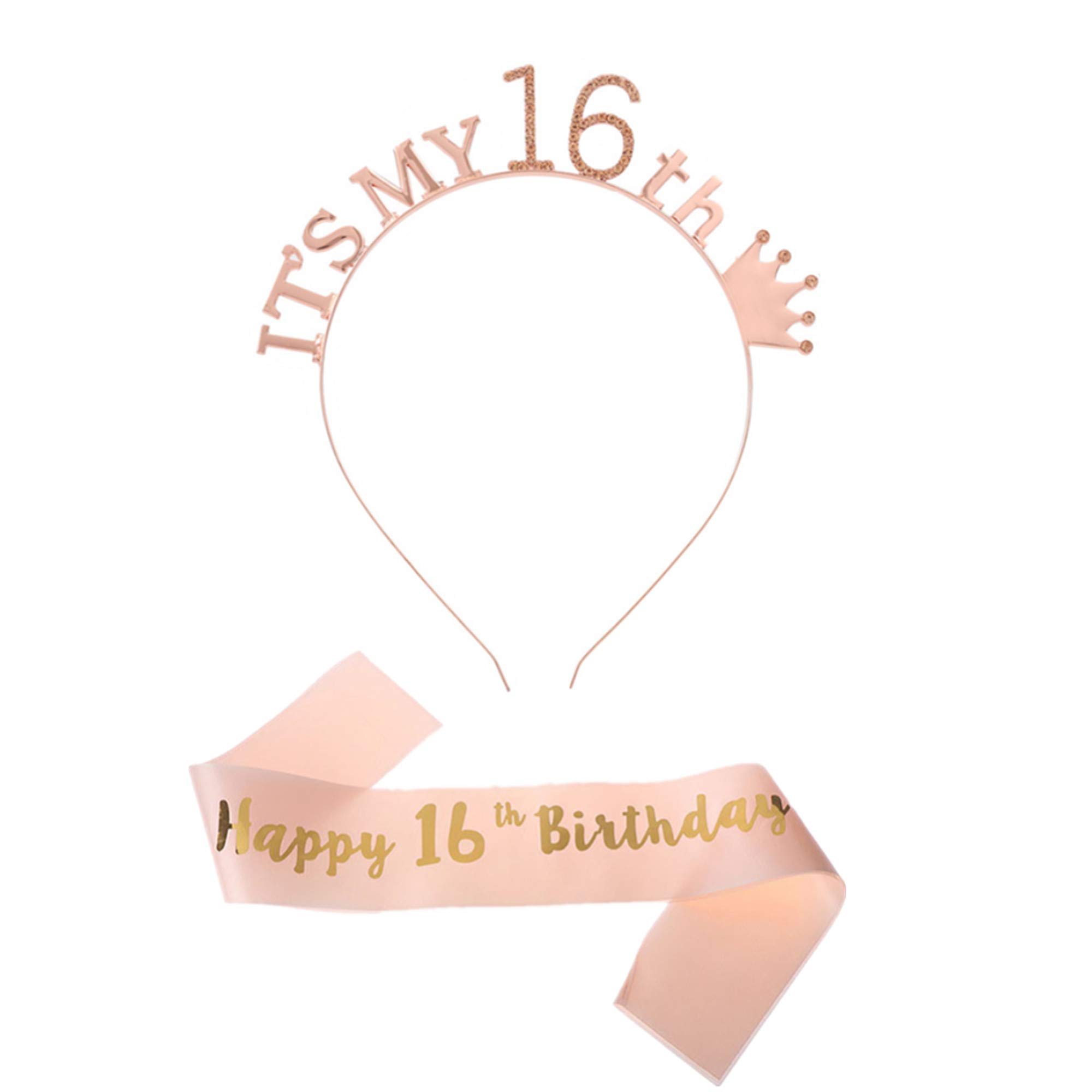 CHTENG Rose Gold Happy Birthday Sash and Tiara Rhinestone Crown Headband for Birthday Party Supplies (16)