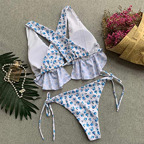Lotus.Flower Women Ruffles Ribbons Floral Print Tankini Set Bikini Swimwear Bathing Beachwear (L, White)