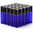 sungwoo 25 Pack Essential Oil Roller Bottles, 10ml Blue Glass Roller Bottles with Stainless Steel Roller Balls and Caps for Travel, Perfume and Lip Gloss