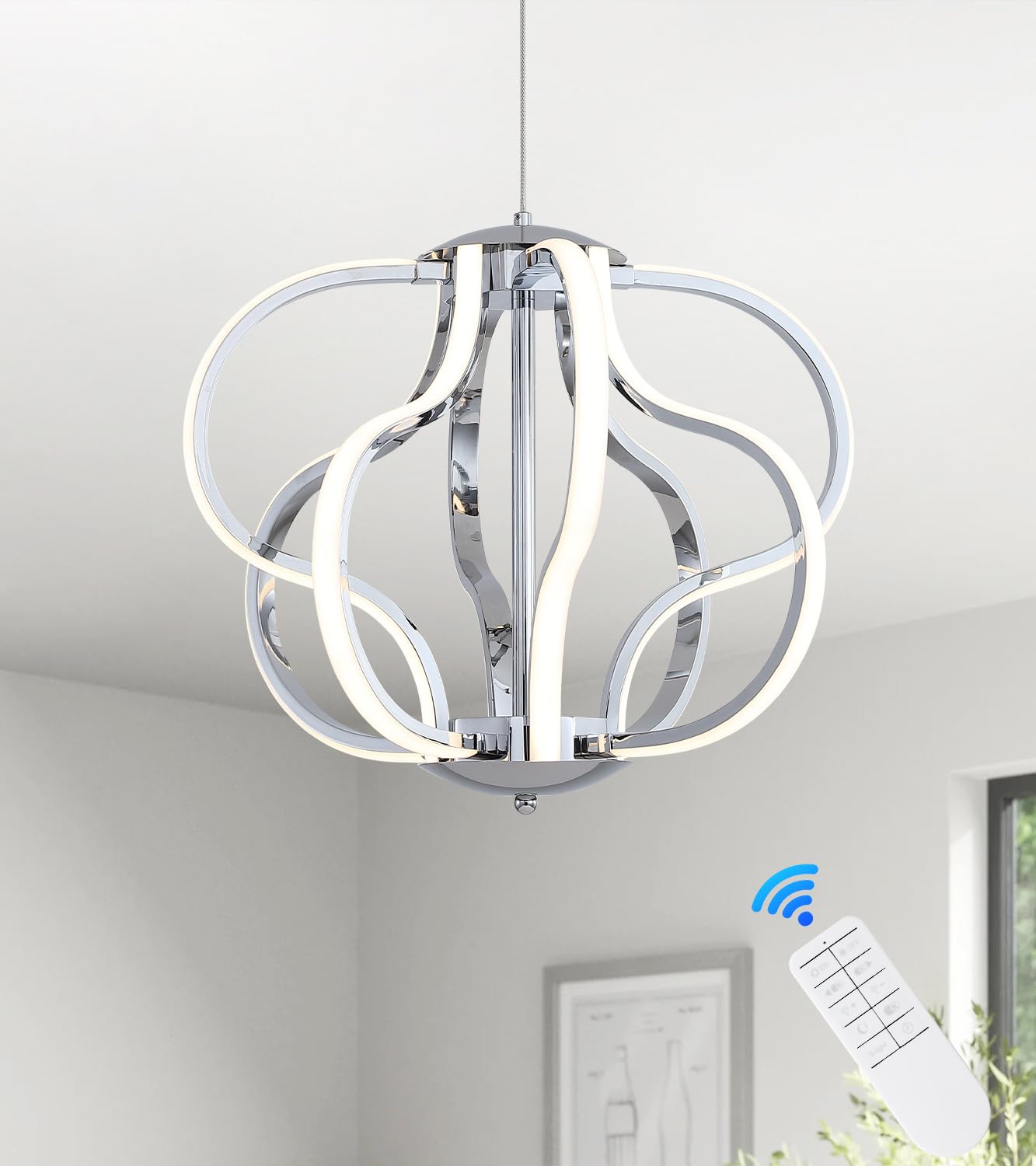 Photo 1 of Munbea Modern Chrome LED Chandelier with Remote Control, Dimmable LED Chandelier with 3 Color Temperature,8 Lights Hanging Pendant Lights for Dining Room Foyer Entryway Kitchen Living Room