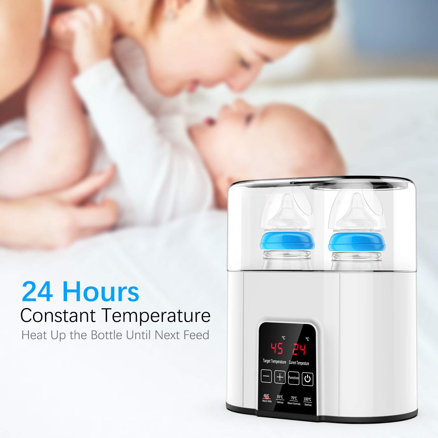 Baby Bottle Warmer and Sterilizer【All New 2021】, CFMOUR Double Bottle 6-in-1 Breast Milk Warmer and Defrost, Fast Baby Food and Formula Heater with Temperature Control, 24 Hours Constant Mode : Baby