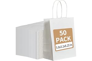 RACETOP 50 Pack White Kraft Paper Gift Bags, 5.8x3.2x8.25 Inch Small Paper Bags with Handles Bulk for Business, Parties & Retail, Shopping Bags, Versatile for Birthday, Wedding, Grocery & Craft