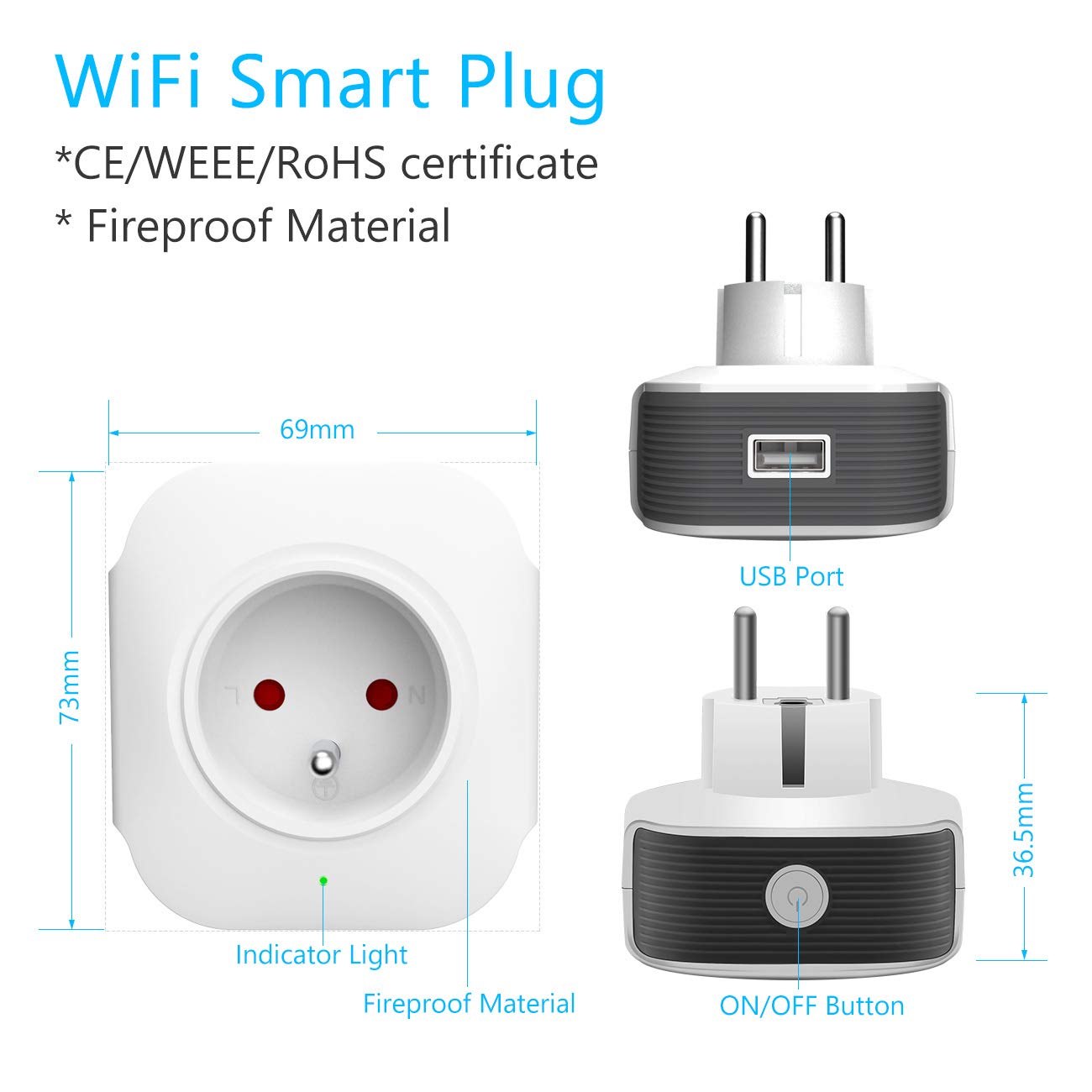 2X Prise Connectée Wi-FI, 2000W 10A Prise Intelligente Fonctionnant avec Amazon Alexa Google Home IFTTT Télécommande de Contrôle Port USB Fonction Timer et Application de Contrôle