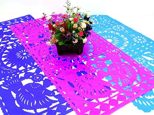 3 Pack of Mexican Papel picado Table Runners Plus Free Gift, Fiesta Decorations Party Decor, 20X39 Inches Royal Blue, Bright Pink, Turquoise