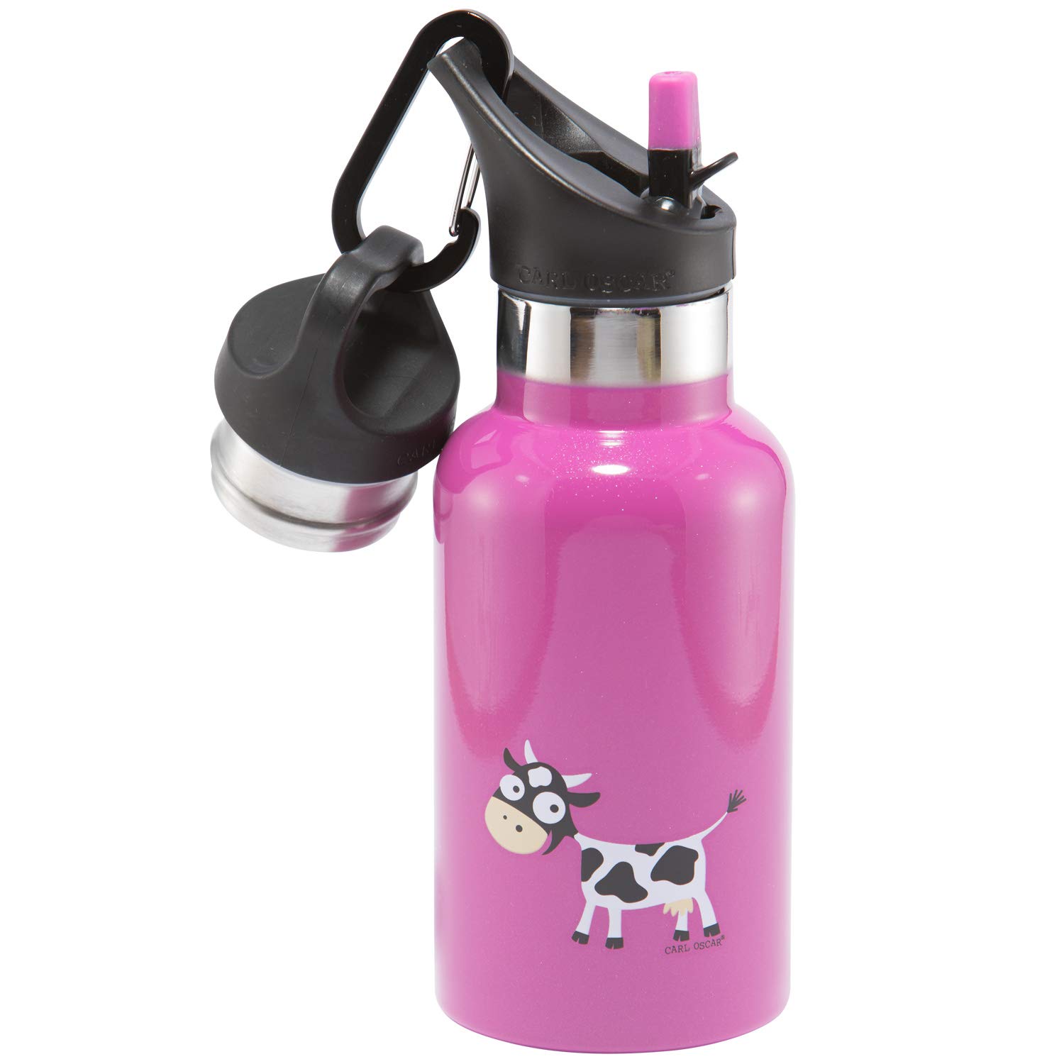 Carl Oscar Double-Walled Thermos Bottle for Children - Vacuum Flask Keeps Drinks Warm for 10 Hours, Cold for 24 Hours. 0,3 Liter in Comes with 2 Lids, and Straw. With Cow in Pink