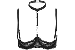Loloda Women Sexy Lace Push Up 1/4 Cups Sheer Bra Top Underwire Halter Neck O Ring Bralette Lingerie