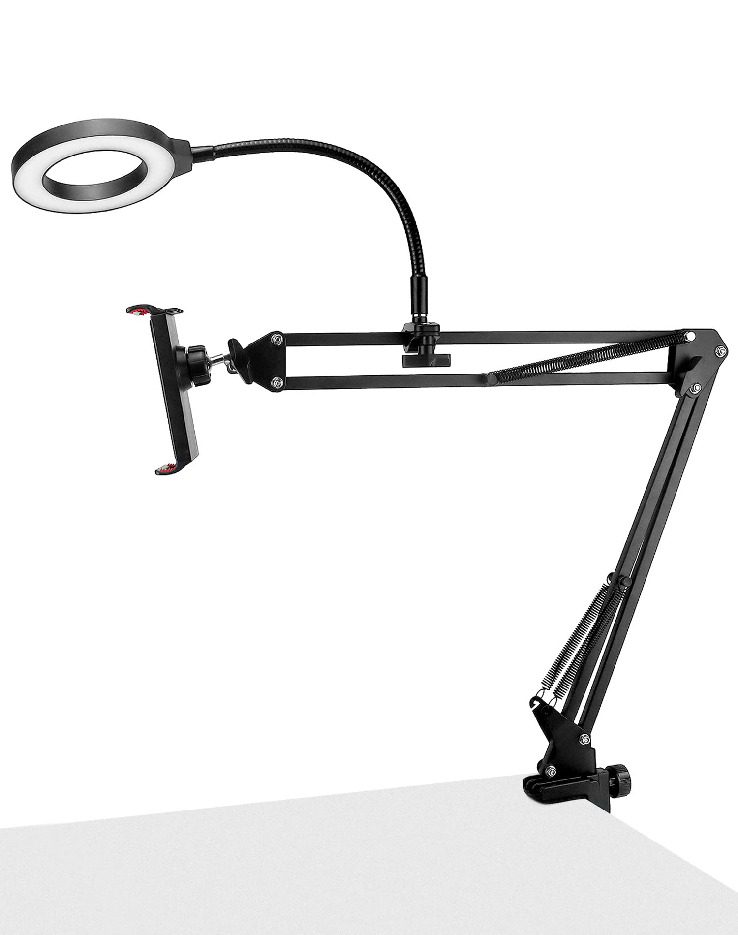QWORK® Phone Mount with Ring Light, Phone Holder Stand, Phones Mount Clamp on Desk, for Live Stream,Video Recording，Online Teaching