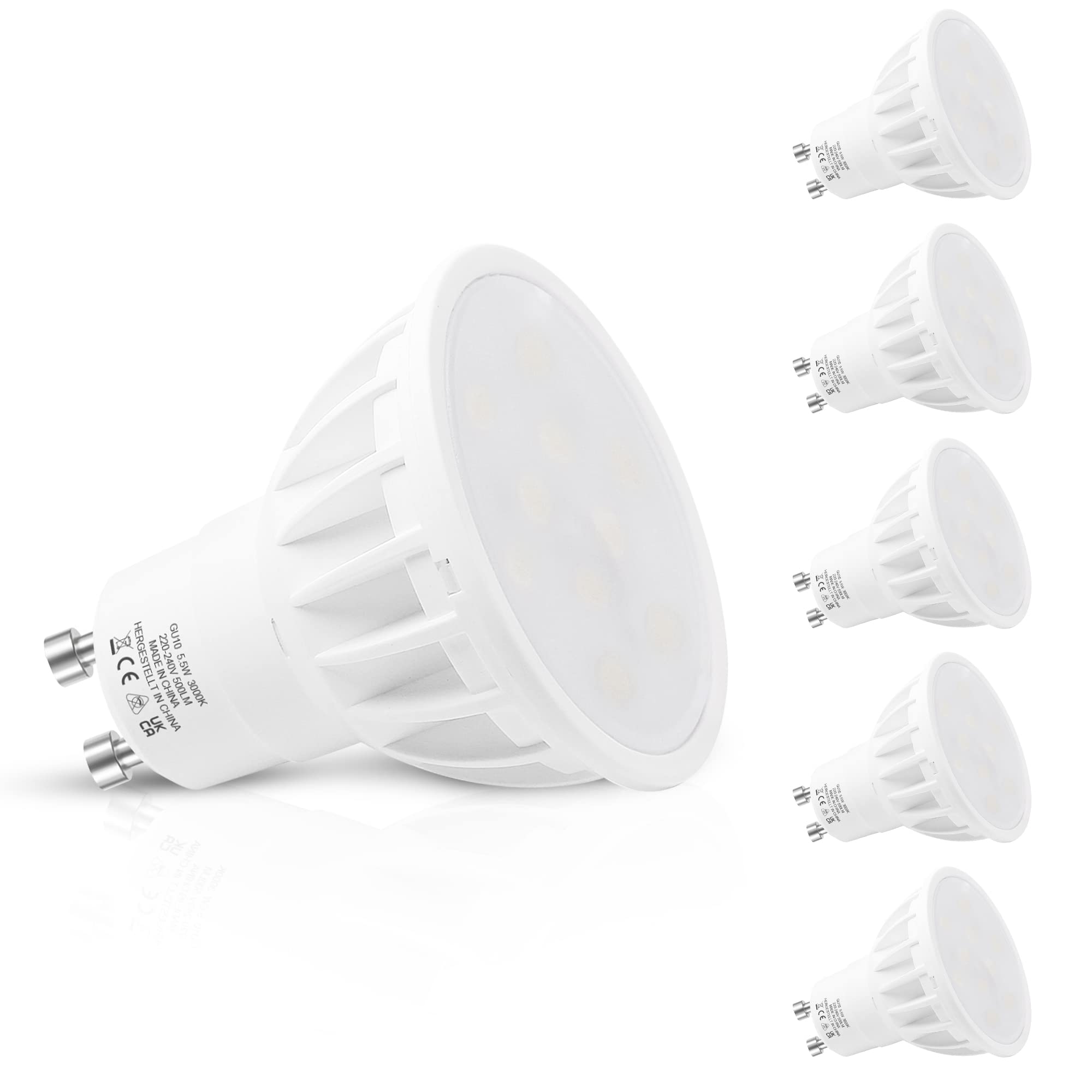 LEHASI GU10 LED Bulb 5.5W - 50W Equivalent, Spotlight Warm White 3000K 500LM, 120° Beam Angle, Non-dimmable, 5 Pack