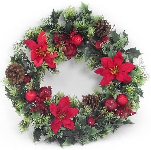 16" PLASTIC HOLLY WREATH LARGE WITH VELVET POINSETTIAS AND BAUBLES RED for indoors and outdoors