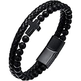 YL Mens Beaded Leather Bracelet, Black Onxy/Tiger Eye/Turquoise 18K Gold/Rhodium Plated Cross Christian Letter Initial Cuff Stainless Steel Handcrafted Jewelry Gifts