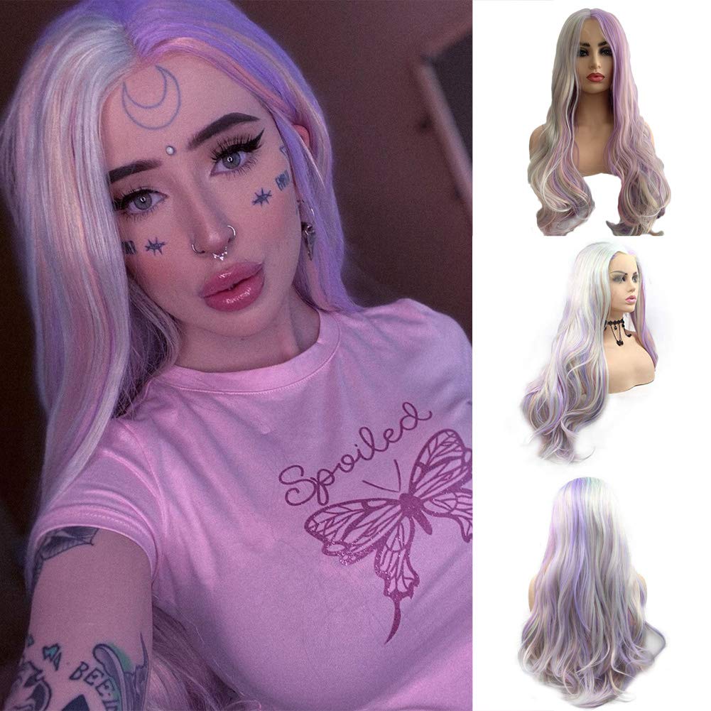 Pink Lace Front Wigs for Women Long Wavy Purple Blonde Mixed Colorful Synthetic Wigs With Natural Hairline Multi Color Rainbow Lace Wig Glueless Heat Friendly Hair Halloween Costume Cosplay Party
