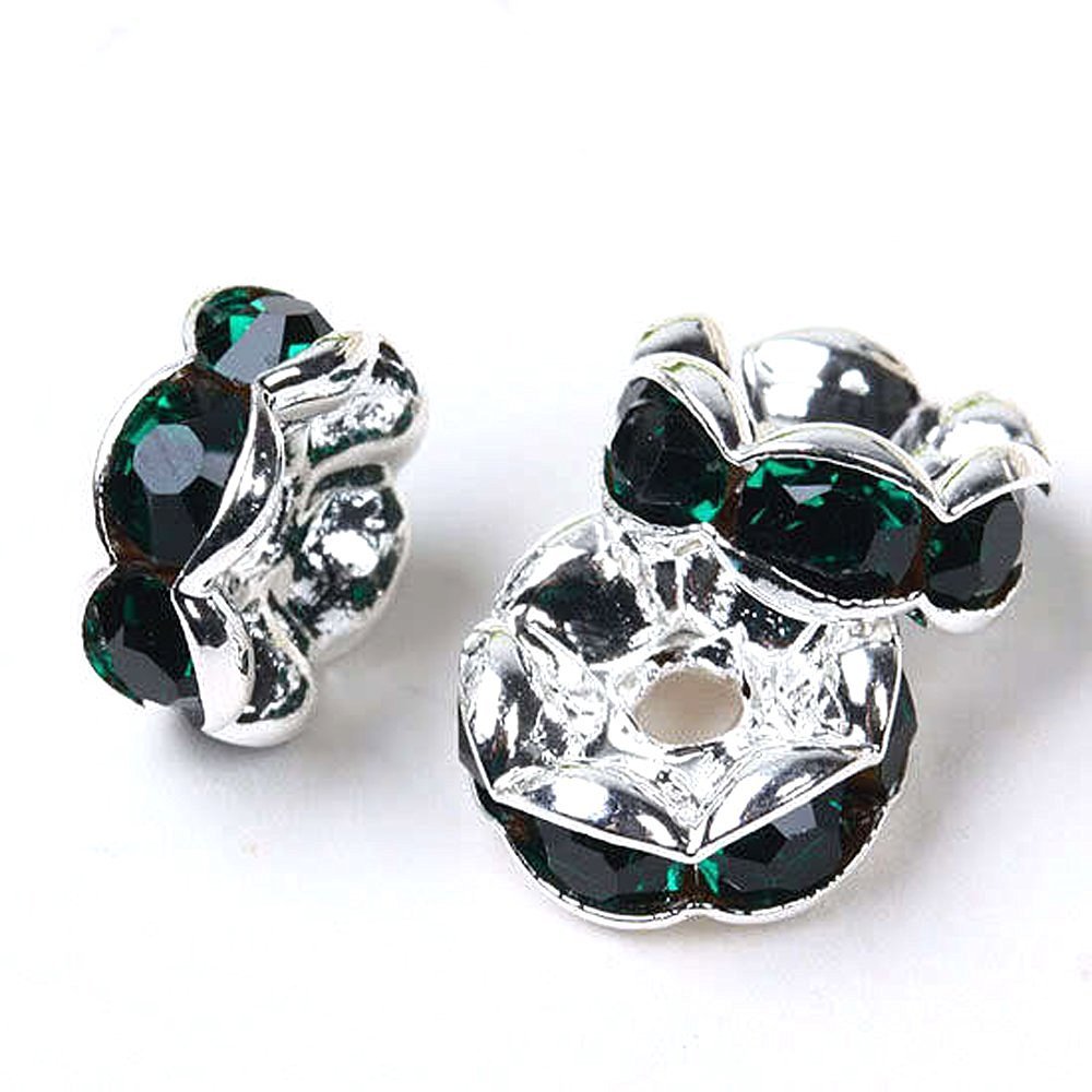 RUBYCA 100pcs 8mm A+++ Wavy Rondelle Spacer Beads Silver Tone Dark Emerald Green Czech Crystal