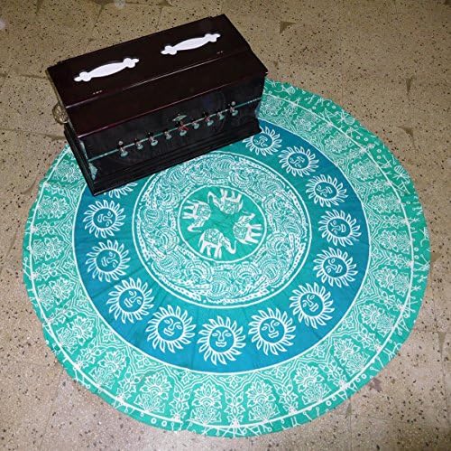 Mandala Mat Beach Towel Green Sun Elephant Mandala Round Table Cover Beach Throw Tapestry Hippie Gypsy Tablecloth Round Yoga Mat, 50 Inch 100% Pure Cotton Screen Print Yoga Mat By "Gemsandcraft"