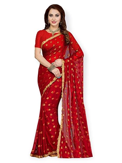 Poly Chiffon Red Printed Womens Saree