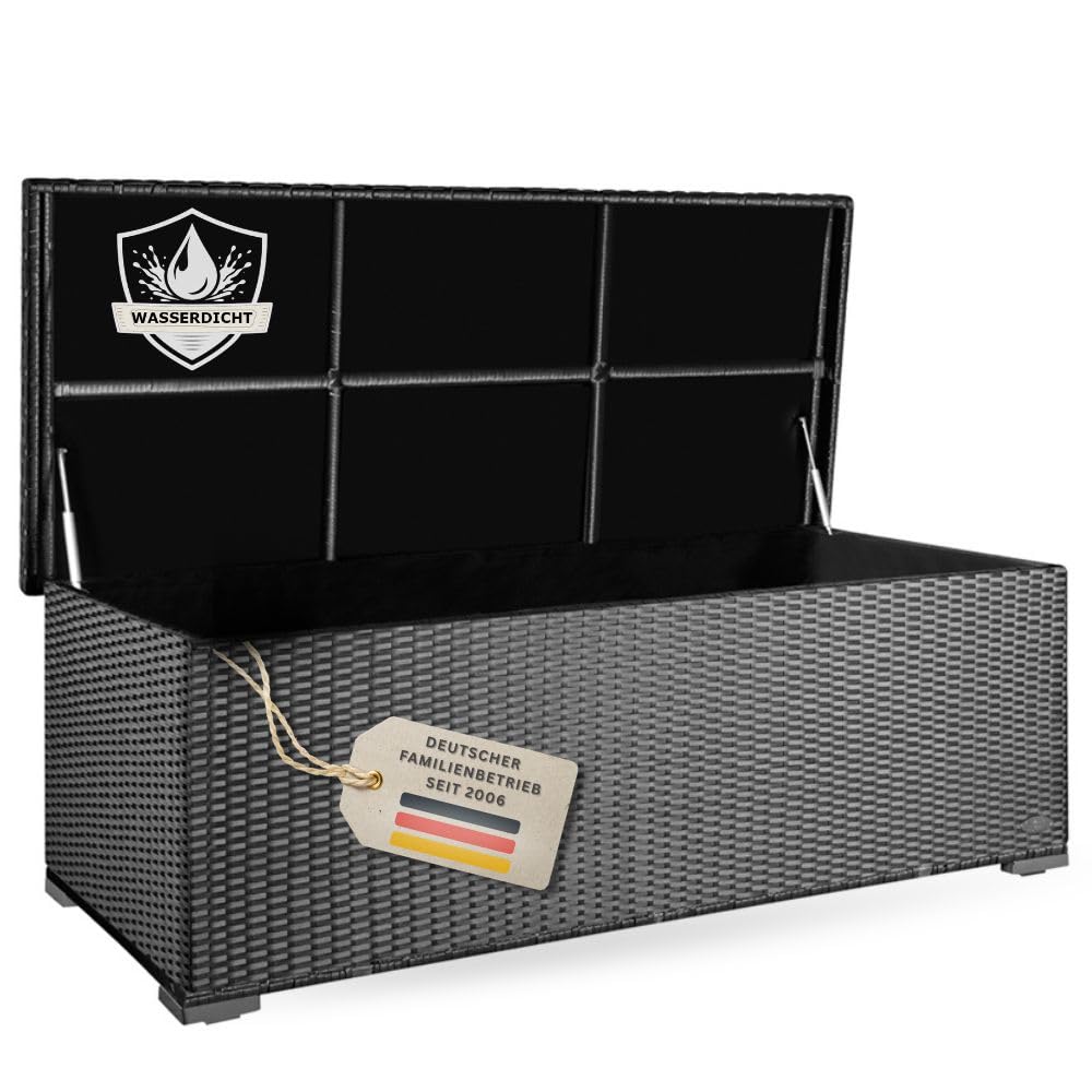 RS Trade Auflagenbox wasserdicht, Gartenbox, Aufbewahrungsbox Garten, Kissenbox Outdoor, Gartentruhe, große Gartenkiste für Polster, wetterfeste Garten-Aufbewahrung, Polyrattan, 650l, silber