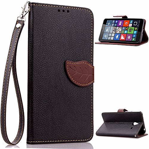 Lumia 640 XL Case,XYX [Kickstand] Lumia 640 XL LTE Case [Black Leaf Buckle][Card Slot][Slim Fit][Wallet][Wrist Strap] Premium Protective Case for Microsoft Lumia 640 XL [Black]