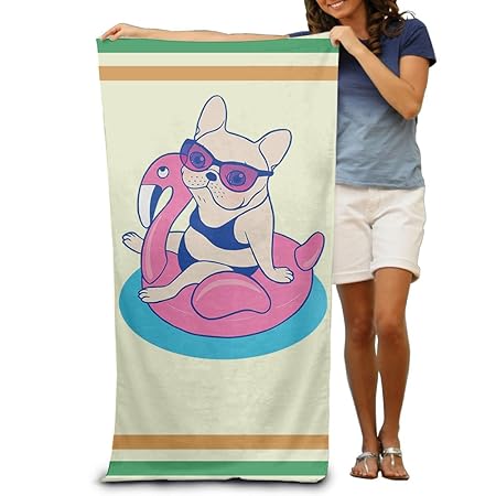 Motiv: Frenchie vergnügt Sommer auf Flamingo Pool Schwimmen Pool in Erwachsene Schwimmen Handtücher 203,2 x 330,2 cm