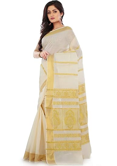 Women's Kasavu Cotton Saree With Running Blouse (ksv1026_White)