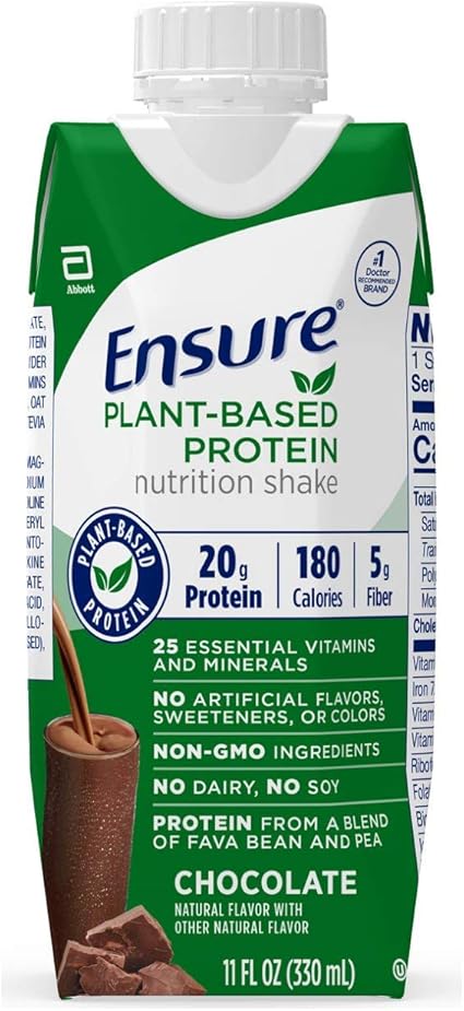 Amazon Com Ensure 100 Plant Based Vegan Protein Nutrition Shakes With 20g Fava Bean And Pea Protein Chocolate 11 Fl Oz 12 Count Health Personal Care