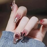 Hkanlre Bling Coffin Press on Nails Fake Nails Tips Full Cover Medium False Gradient Nails for Women and Girls 24PCS (Red Cof