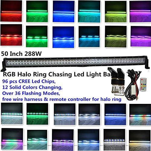 IOV LIGHT 2Years Warranty 50Inch 288W Led Light Bar Halo Ring RGB Chasing 96pcs 3w Cree Led Chips over 36 Different Flashing Modes and Many Color Changing for Off road 4wd Wire Harness for Halo Ring