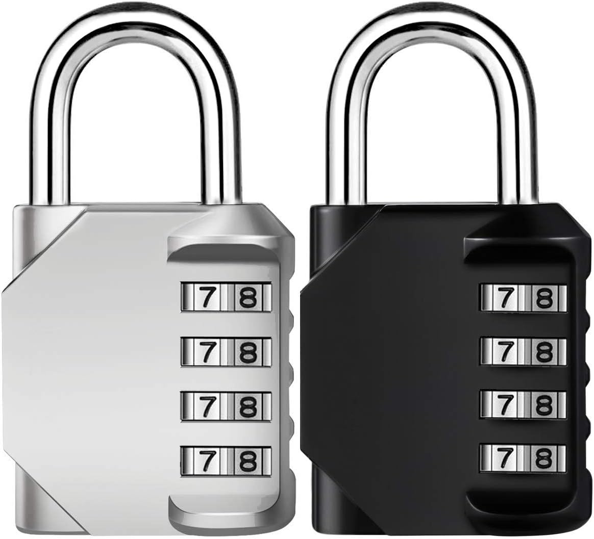 Combination Lock, 4 Digit Combination Padlock, Waterproof Gate Lock, Resettable Combo Lock for Locker, Gym, Cases, Toolbox, School, 2 Pack - Silver & Black - - 
