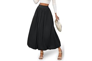 ELLEVEN Women's Bubble Maxi Fall Winter Skirt, Elastic Waist Puffy Hem A-Line Skirt with Pockets