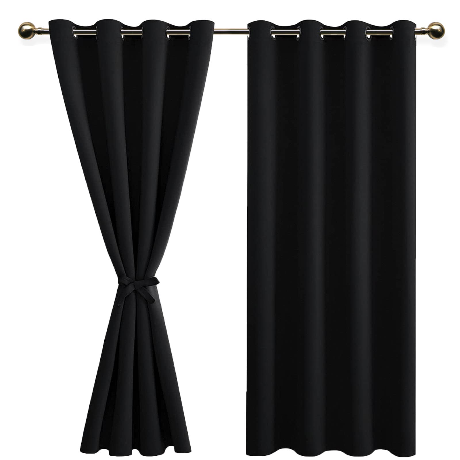 DWCN Black Blackout Curtains with Tiebacks for Bedroom Thermal Insulated Solid Eyelet Curtains for Living Room,2 Panels,55" Wide x 69" Drop โ image 1