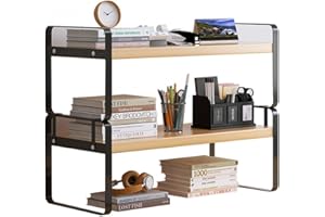 GENDLTHIJ Desktop Shelf Organizer, Small Wood Countertop Bookshelf Desktop Organizer Office, Kitchen Spice Rack Desk Storage Display Shelf for Home Office Kids Dorm (2 Tier - Wood,Black Frame)