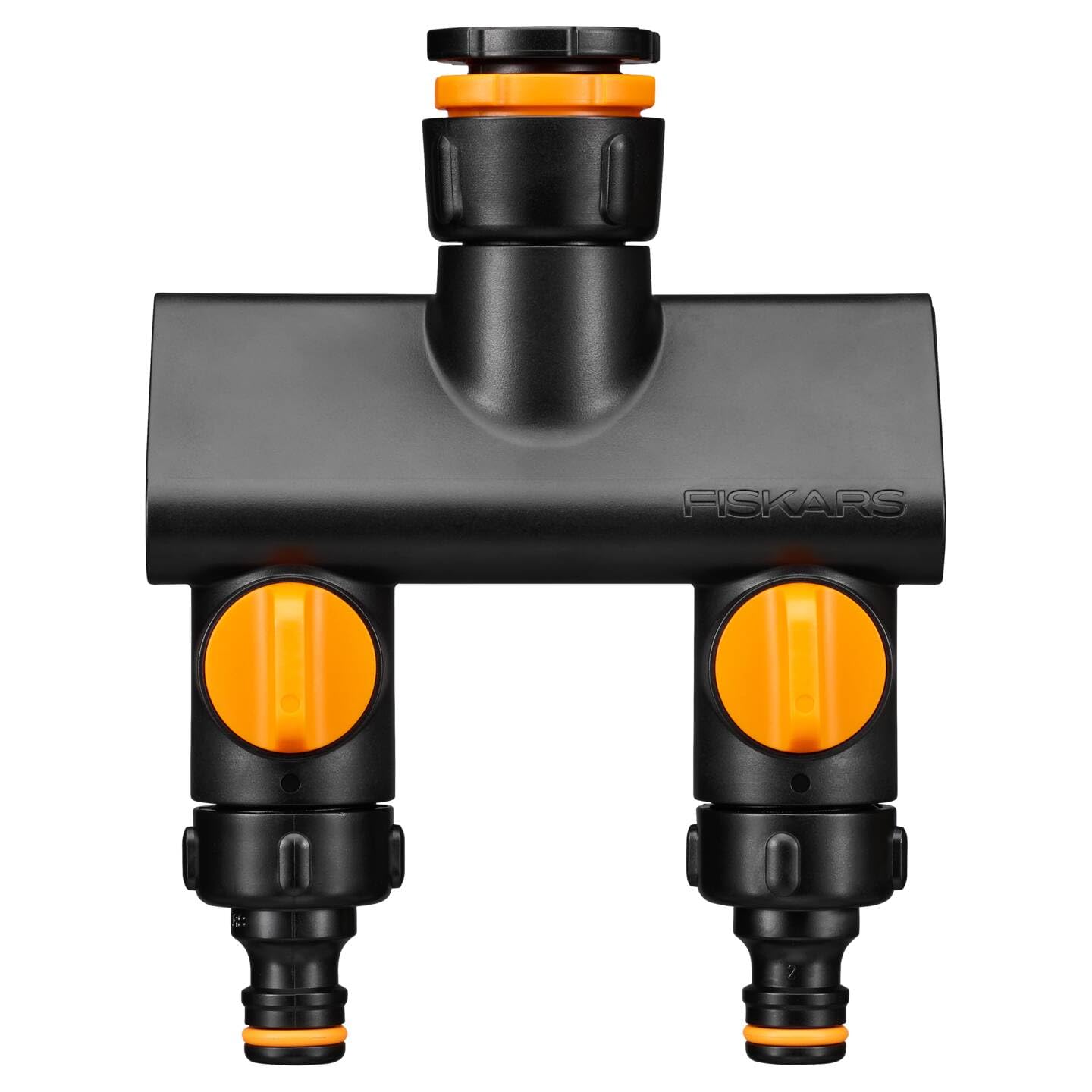 Fiskars 2-way valve, With on/off switches, For 3 thread sizes Ø 21 mm (1/2"), Ø 26.5 mm (3/4") and Ø 33.3 mm (1"), Comfort, Black/Orange, 1070577 — image 1