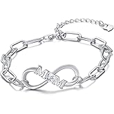 LELOUCHY Mom Bracelet for Women Sterling Silver, Gifts for Mom from Daughter Son,Infinity Love Adjustable Bracelets Paperclip Chain Bracelet 925 Sterling Silver Mom Gifts for Mothers Day