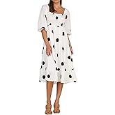 R.Vivimos Women's Summer Cotton Puff Sleeves Casual Vintage Polka Dots Print Off Shoulder Midi Dress