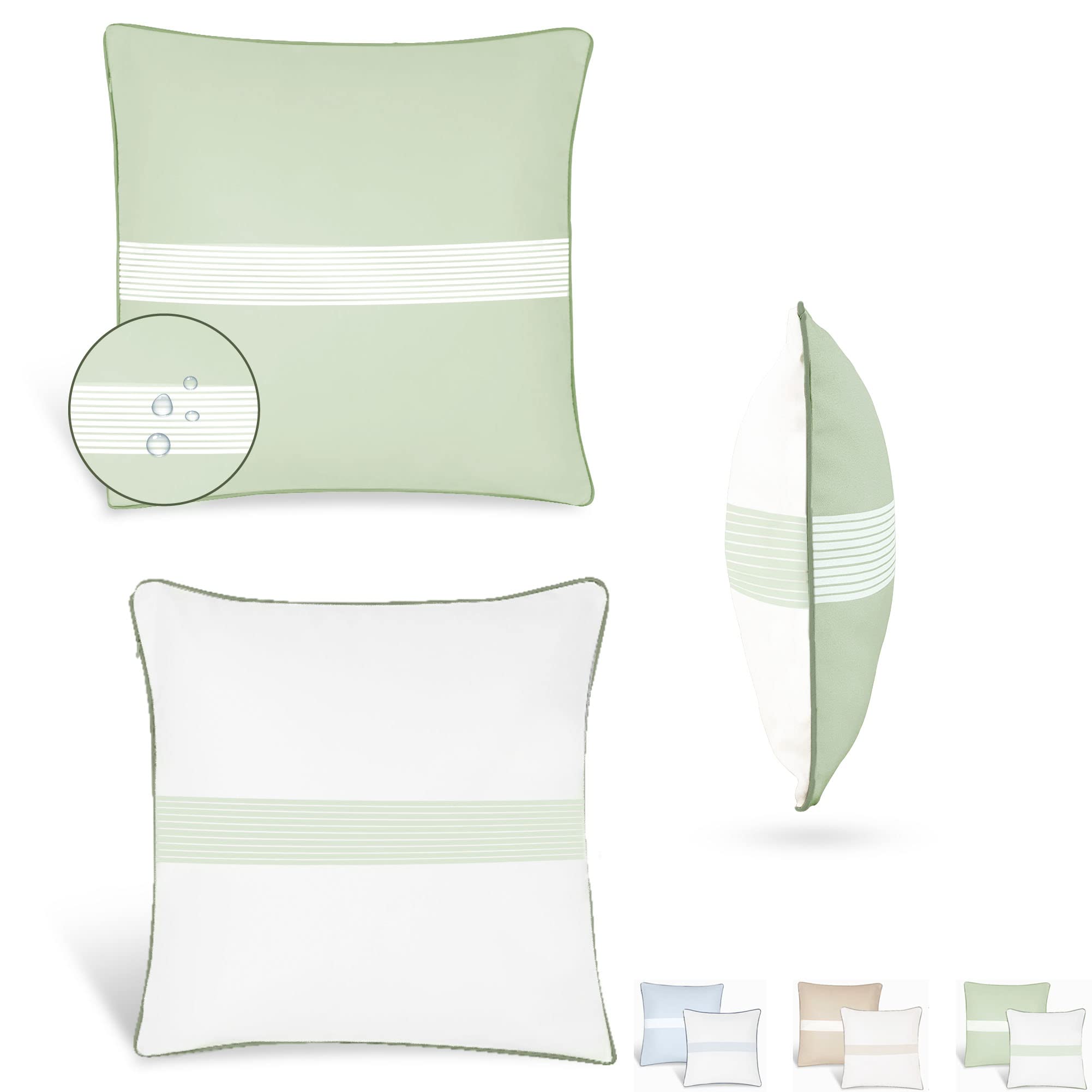 Blau Marité Set of 2 decorative cushion covers. Model FORMENTERA. Resistant, waterproof and anti-stain. Soft and cozy. For indoor and outdoor decoration. (18 x 18 inches, Green)