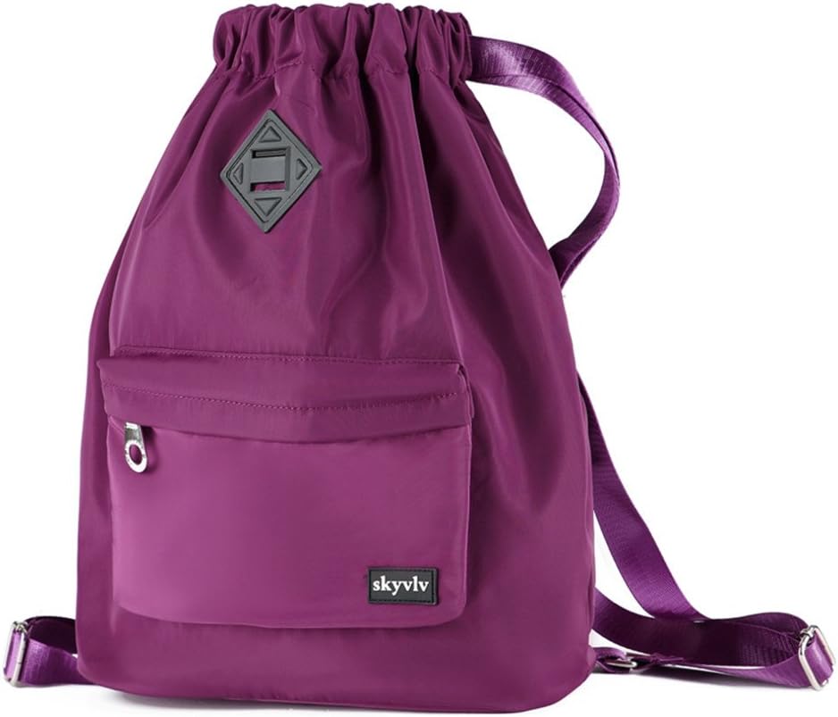 Travel Sports Yoga Gym Drawstring Bag Backpack Training Gymsack Sackpack Backpack With Pockets Zippered for Men and Women(purple)