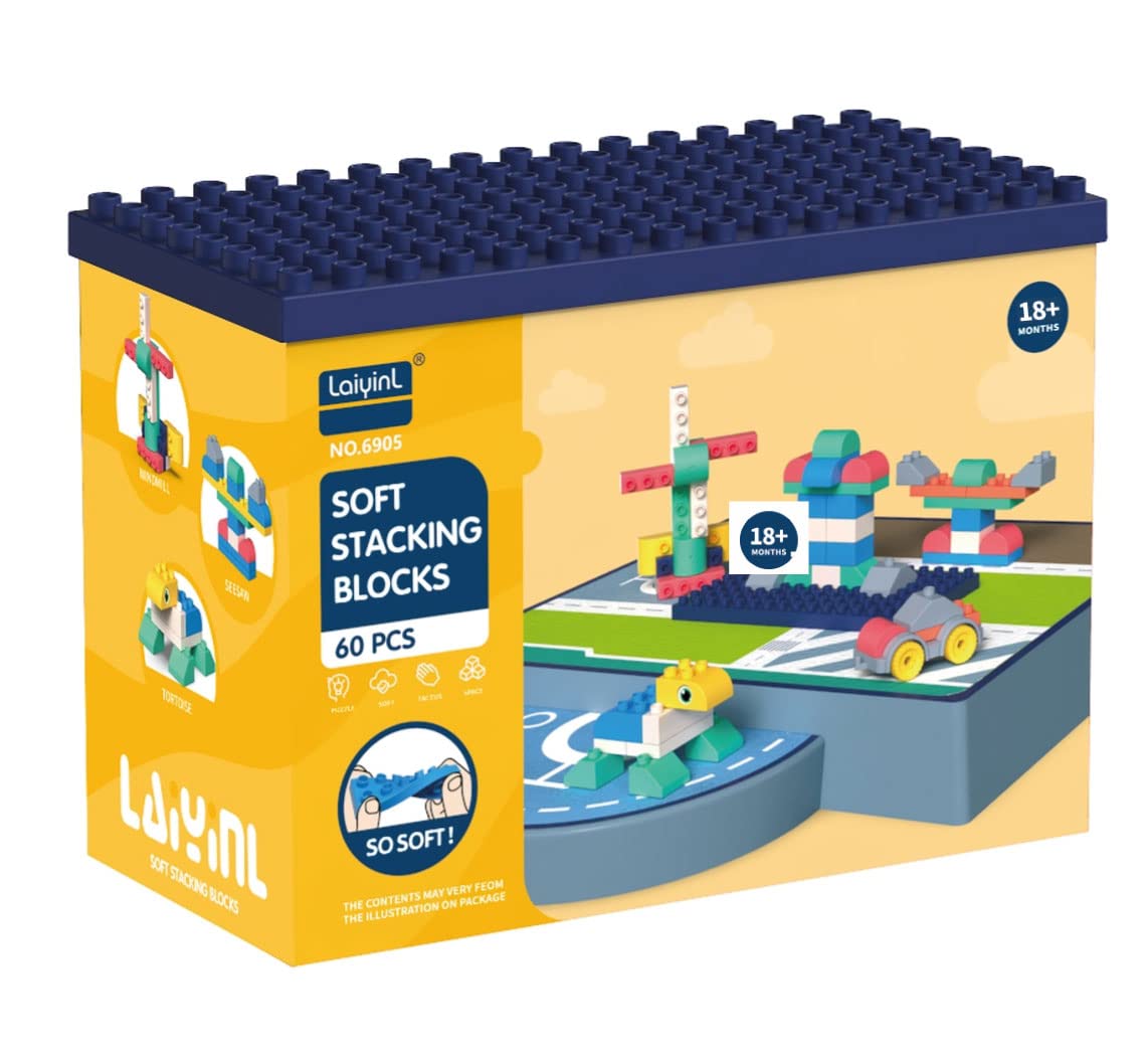 Soft Building Blocks for Small Children. Compatible with LEGO Duplo. 60 Pieces and Assembly Base