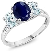 Gem Stone King 10K White Gold Gemstone Birthstone Aquamarine and Diamond Accents 3-Stone Engagement Ring for Women | Oval 8X6MM and 6X4MM | Elegant Wedding Anniversary Promise Ring | Size 5-9