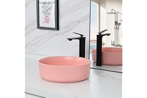 bathivy 14.2" Matte Pink Round Vessel Sink with Pop Up Drain, Bathroom Vessel Sink, Ceramic Vessel Sink, Bathroom Sink Above Counter, Small Vessel Sink, Sink Bowl for Bathroom, Countertop Vessel Sink